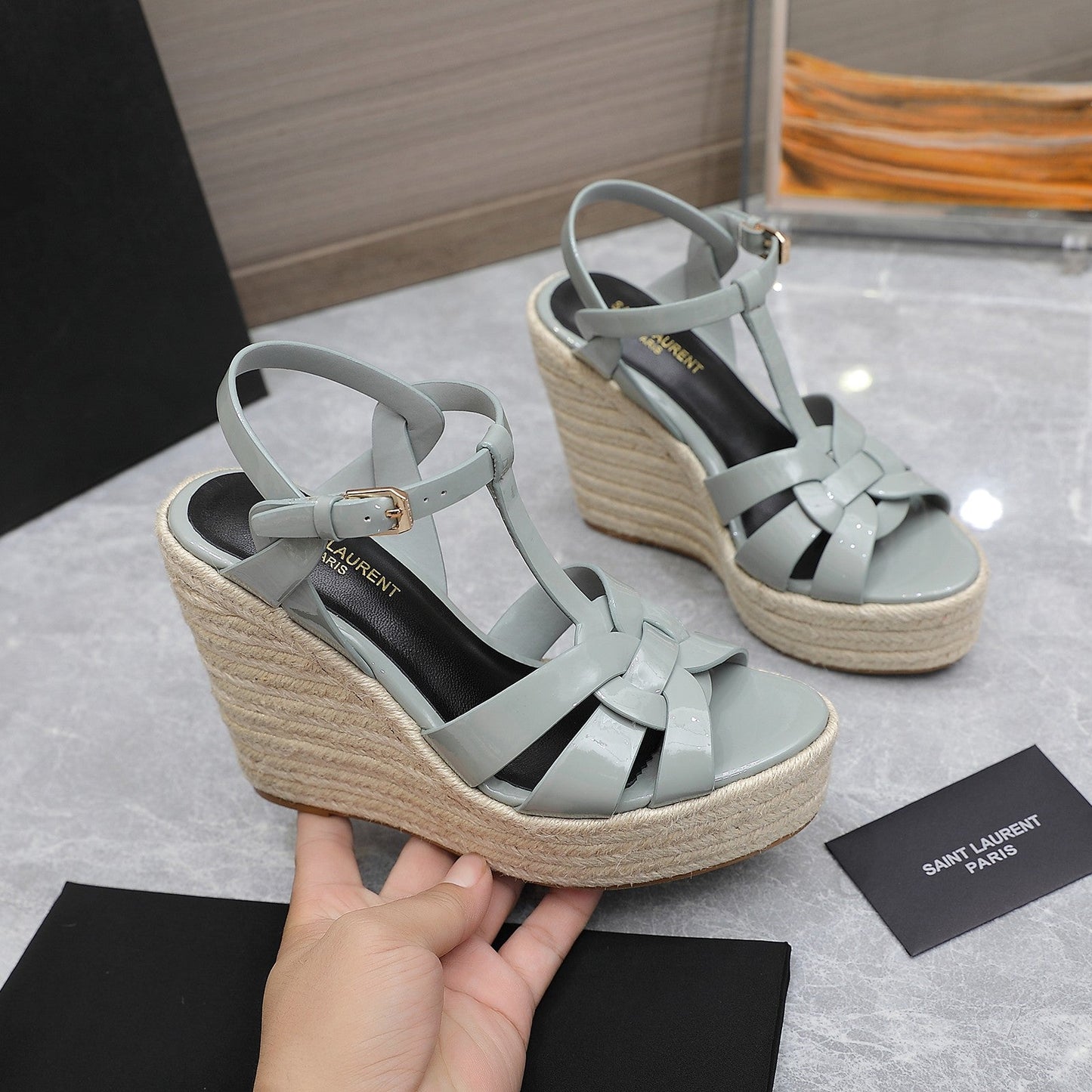 SL TRIBUTE WEDGE SANDALS TEMPERED GREY POLISHED CALFSKIN - 35