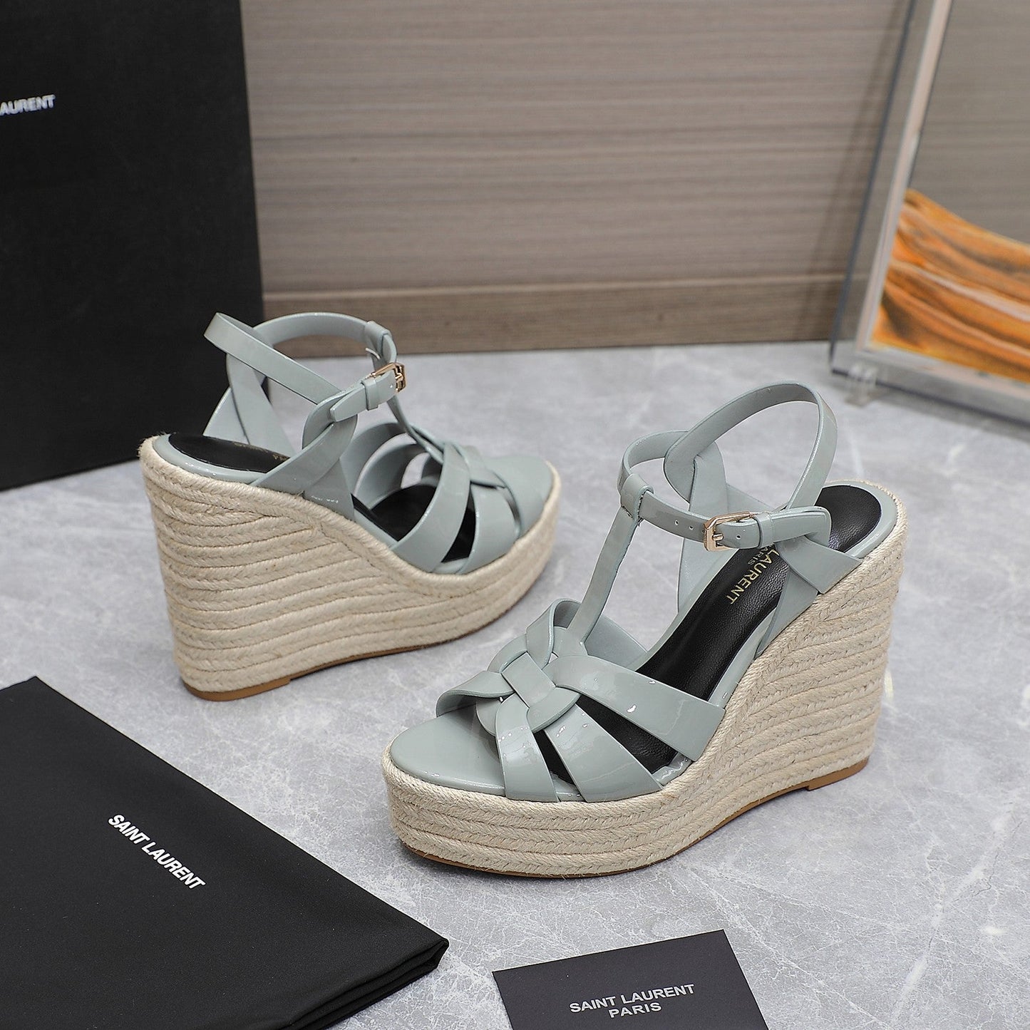 SL TRIBUTE WEDGE SANDALS TEMPERED GREY POLISHED CALFSKIN - 35