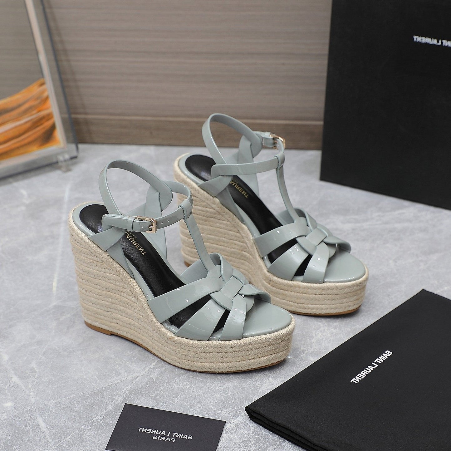SL TRIBUTE WEDGE SANDALS TEMPERED GREY POLISHED CALFSKIN - 35