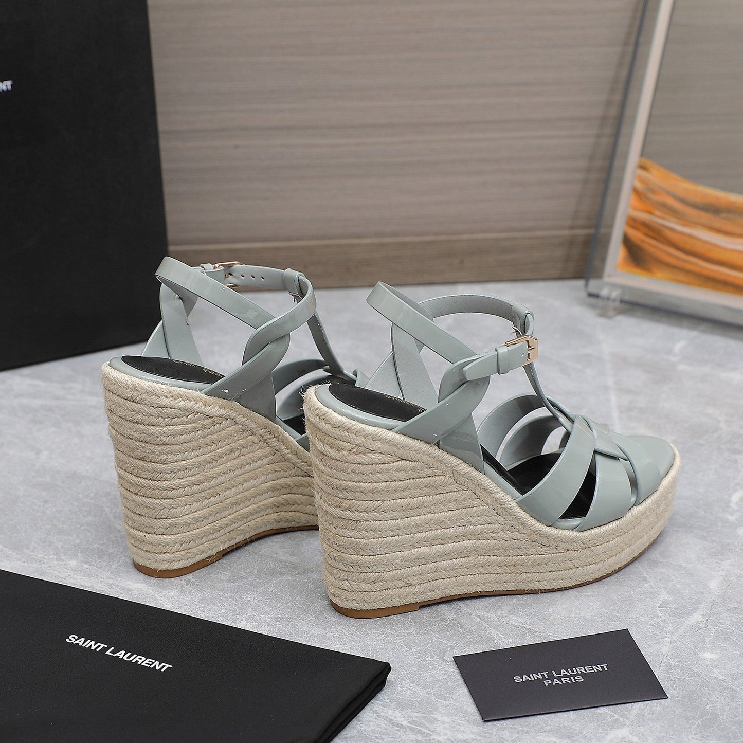 SL TRIBUTE WEDGE SANDALS TEMPERED GREY POLISHED CALFSKIN - 35