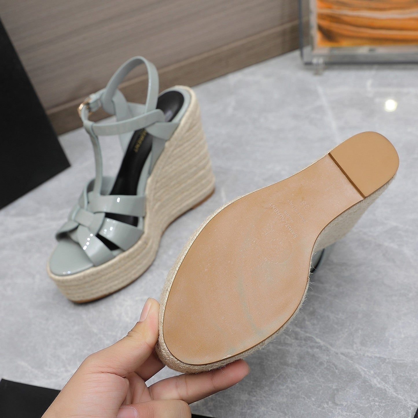 SL TRIBUTE WEDGE SANDALS TEMPERED GREY POLISHED CALFSKIN - 35