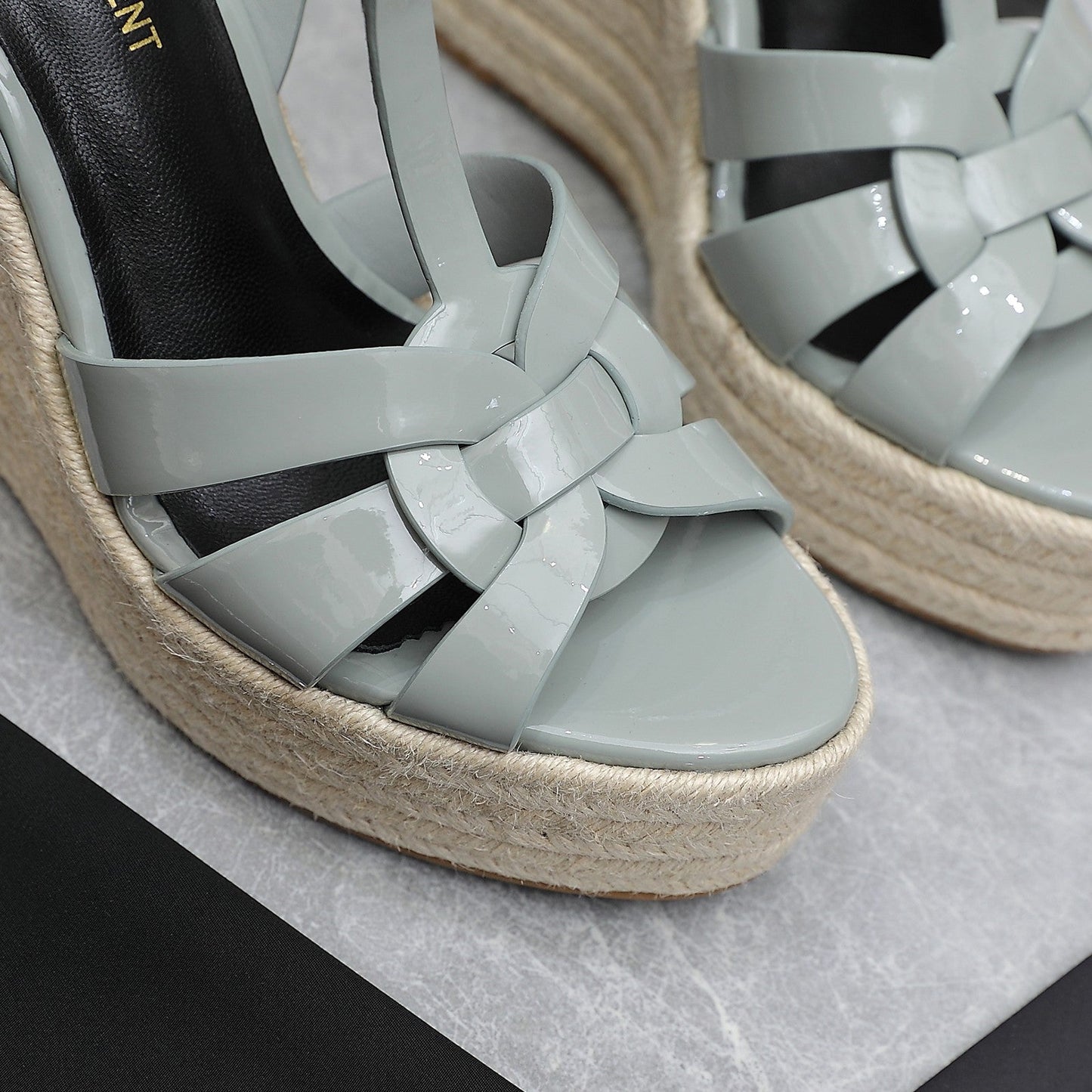 SL TRIBUTE WEDGE SANDALS TEMPERED GREY POLISHED CALFSKIN - 35