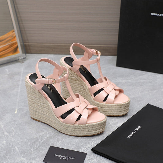 SL TRIBUTE WEDGE SANDALS PASTEL PINK POLISHED CALFSKIN - 35