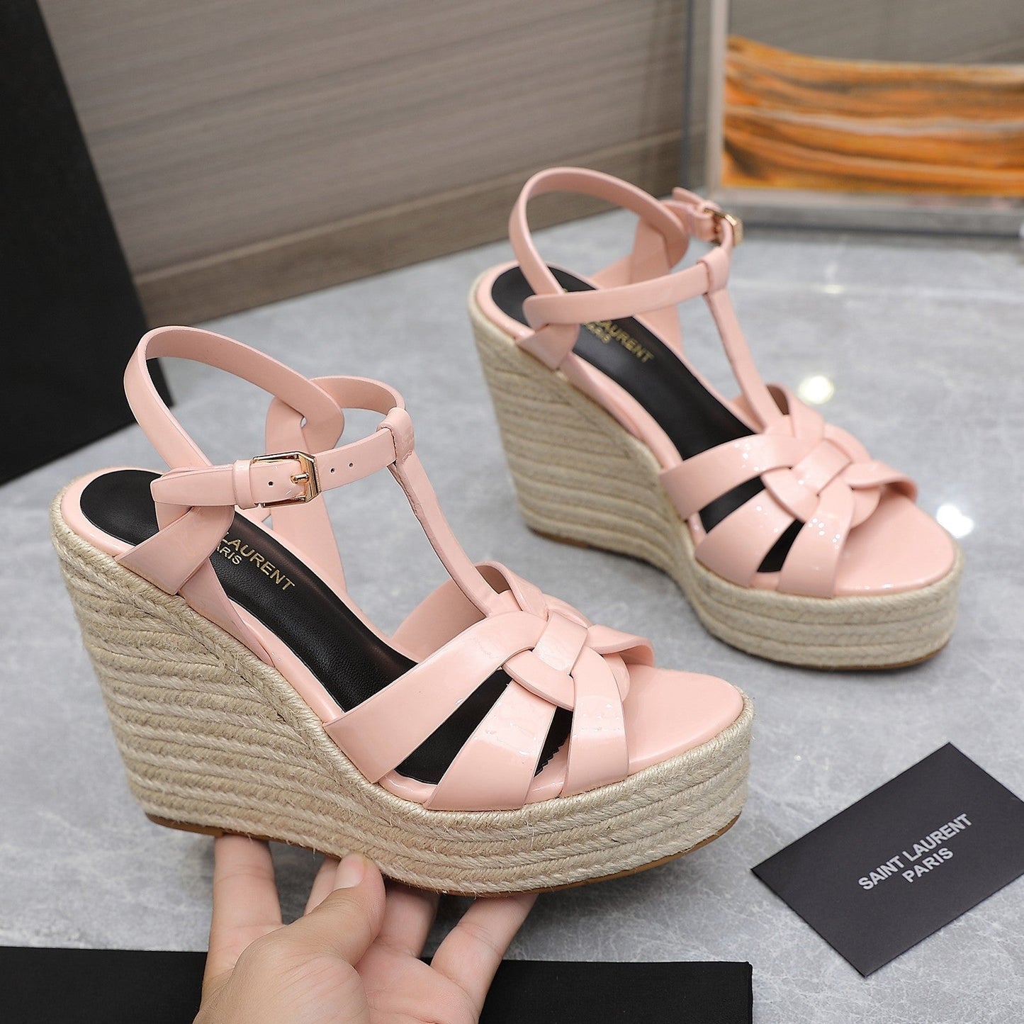 SL TRIBUTE WEDGE SANDALS PASTEL PINK POLISHED CALFSKIN - 35
