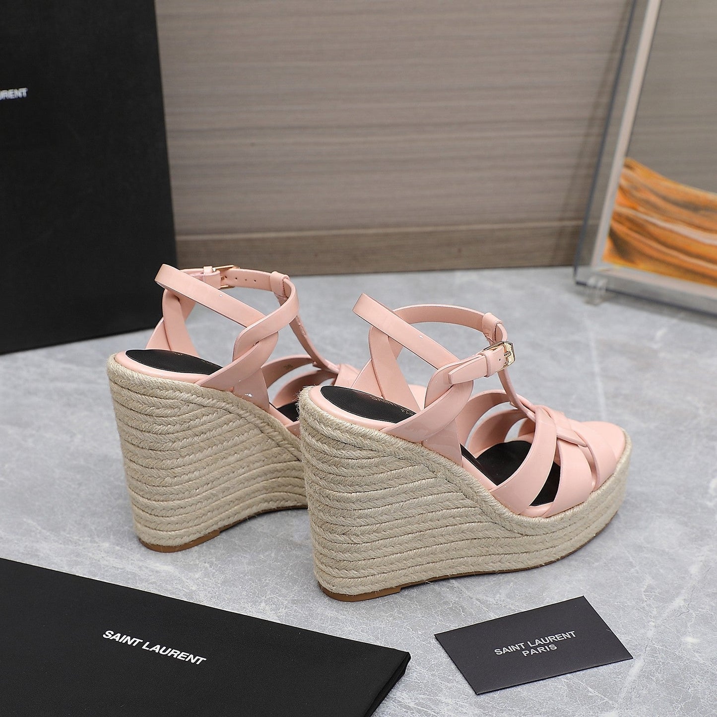 SL TRIBUTE WEDGE SANDALS PASTEL PINK POLISHED CALFSKIN - 35