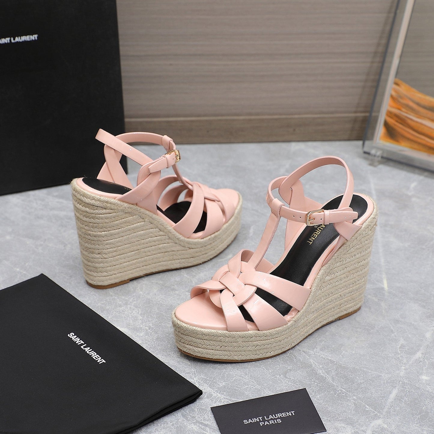 SL TRIBUTE WEDGE SANDALS PASTEL PINK POLISHED CALFSKIN - 35