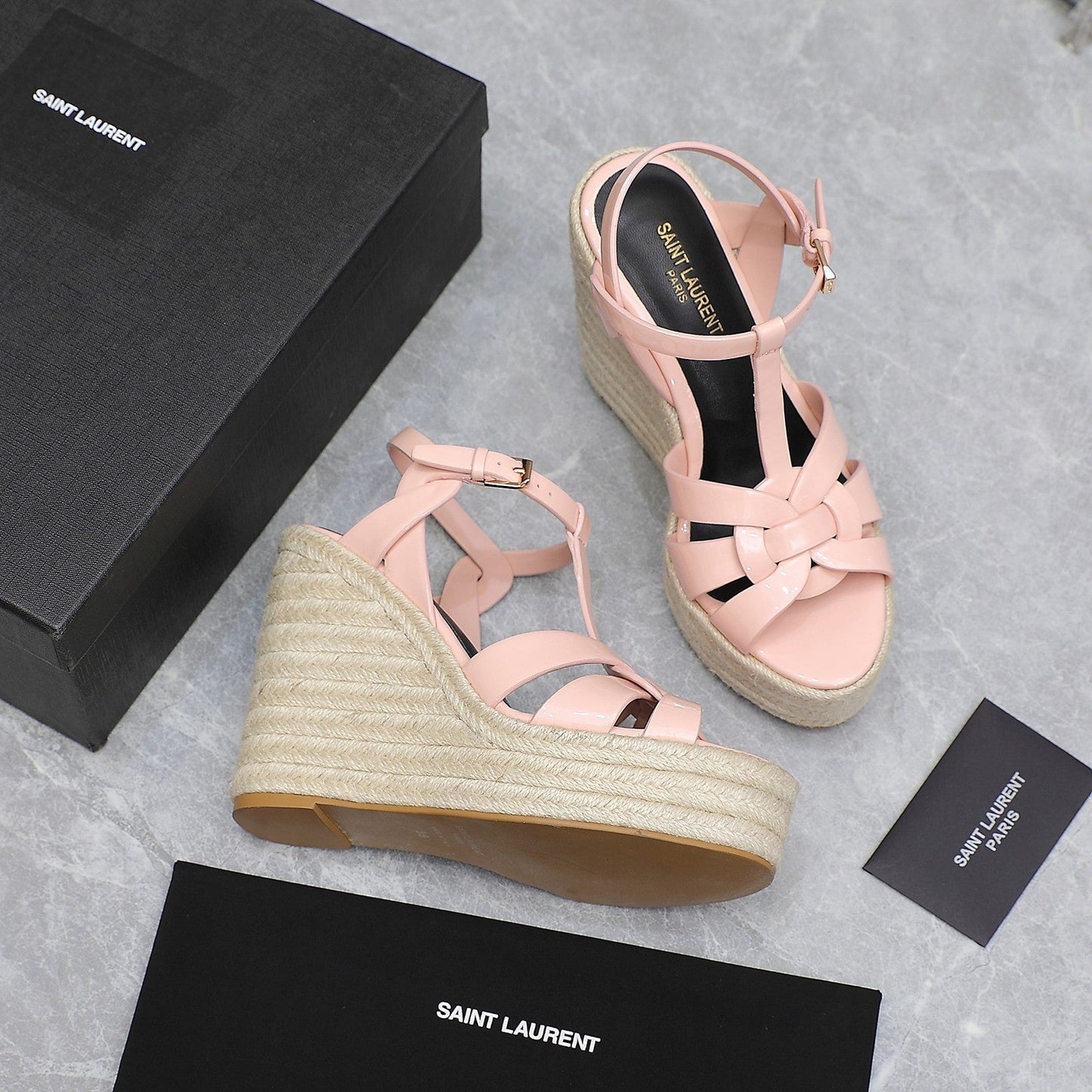 SL TRIBUTE WEDGE SANDALS PASTEL PINK POLISHED CALFSKIN - 35