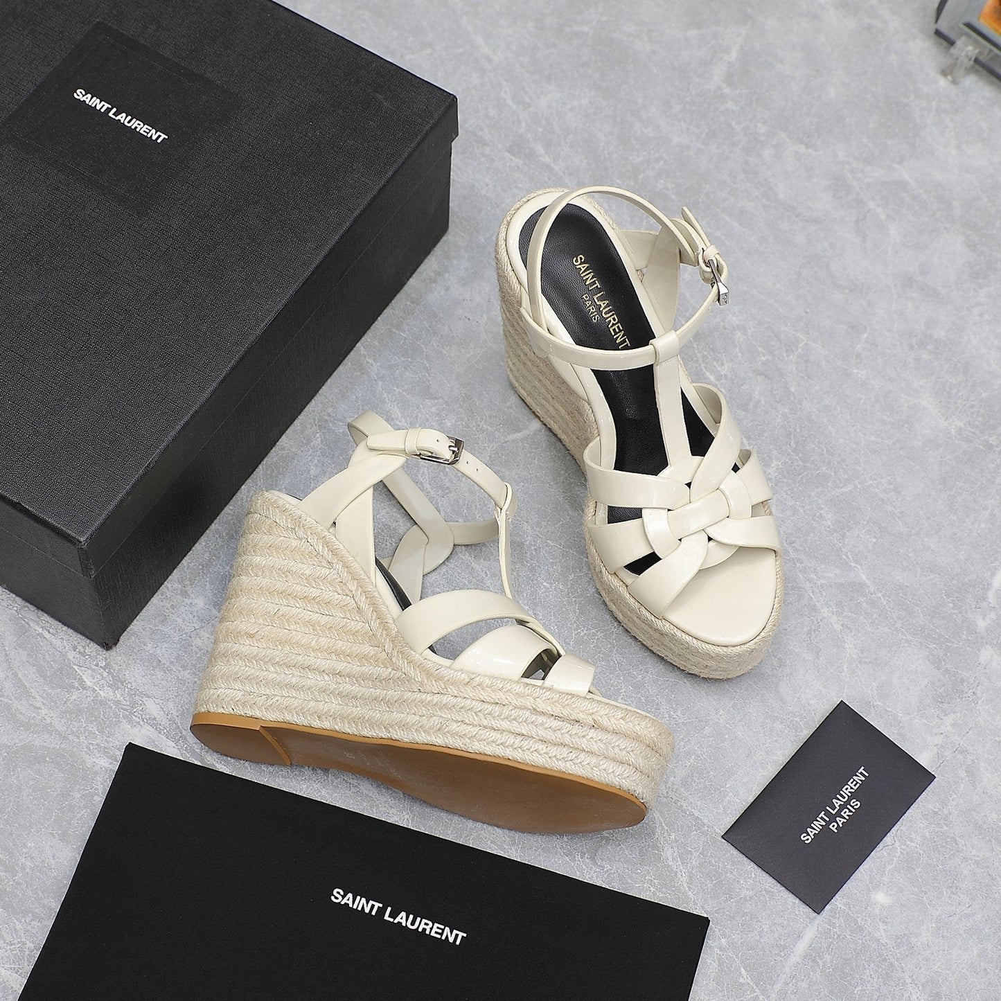 SL TRIBUTE WEDGE SANDALS CREAM POLISHED CALFSKIN - 35