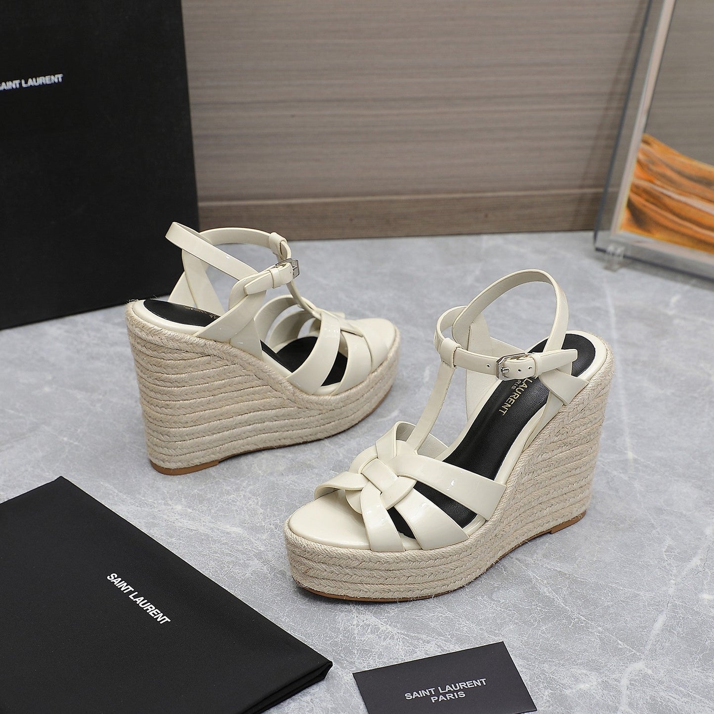 SL TRIBUTE WEDGE SANDALS CREAM POLISHED CALFSKIN - 35