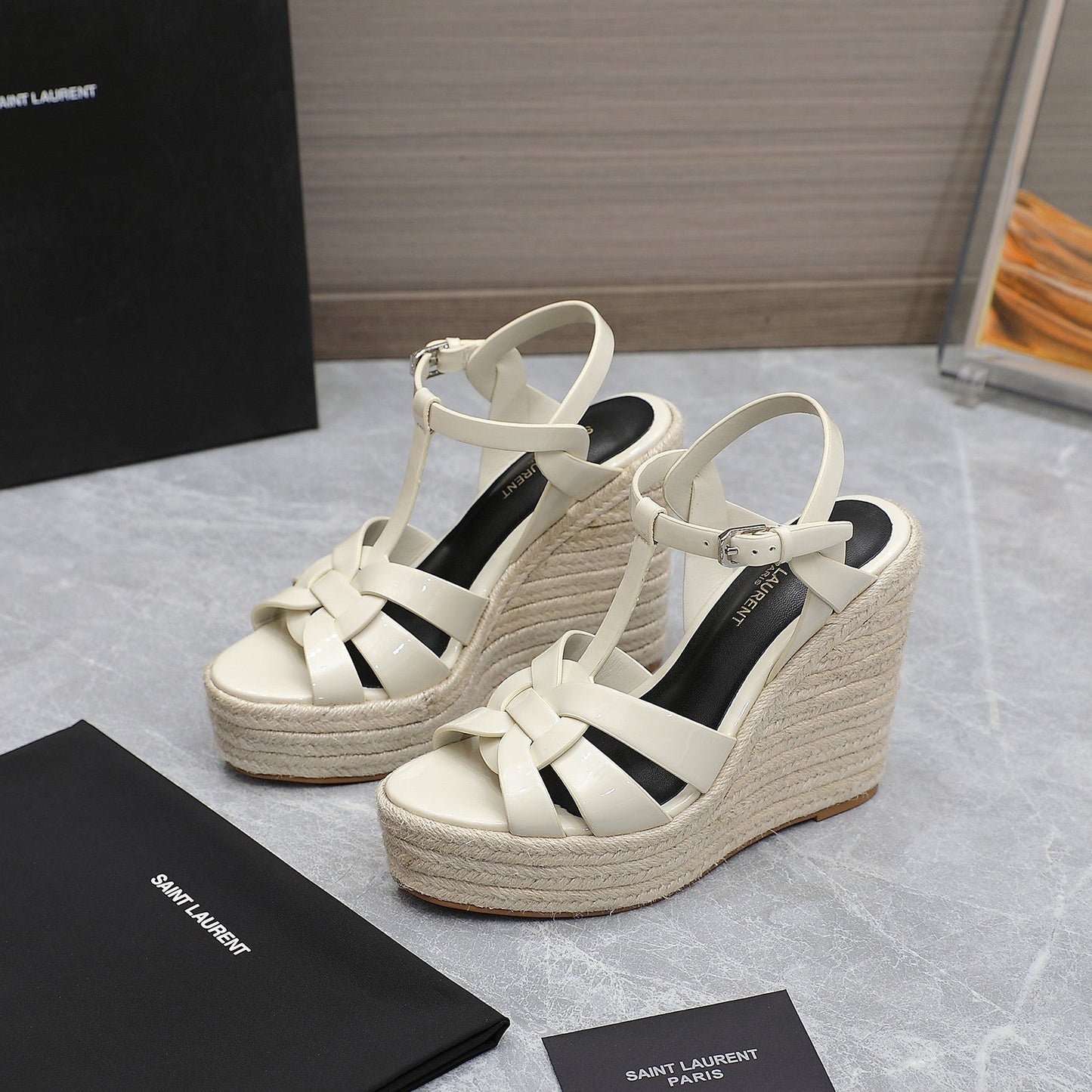 SL TRIBUTE WEDGE SANDALS CREAM POLISHED CALFSKIN - 35