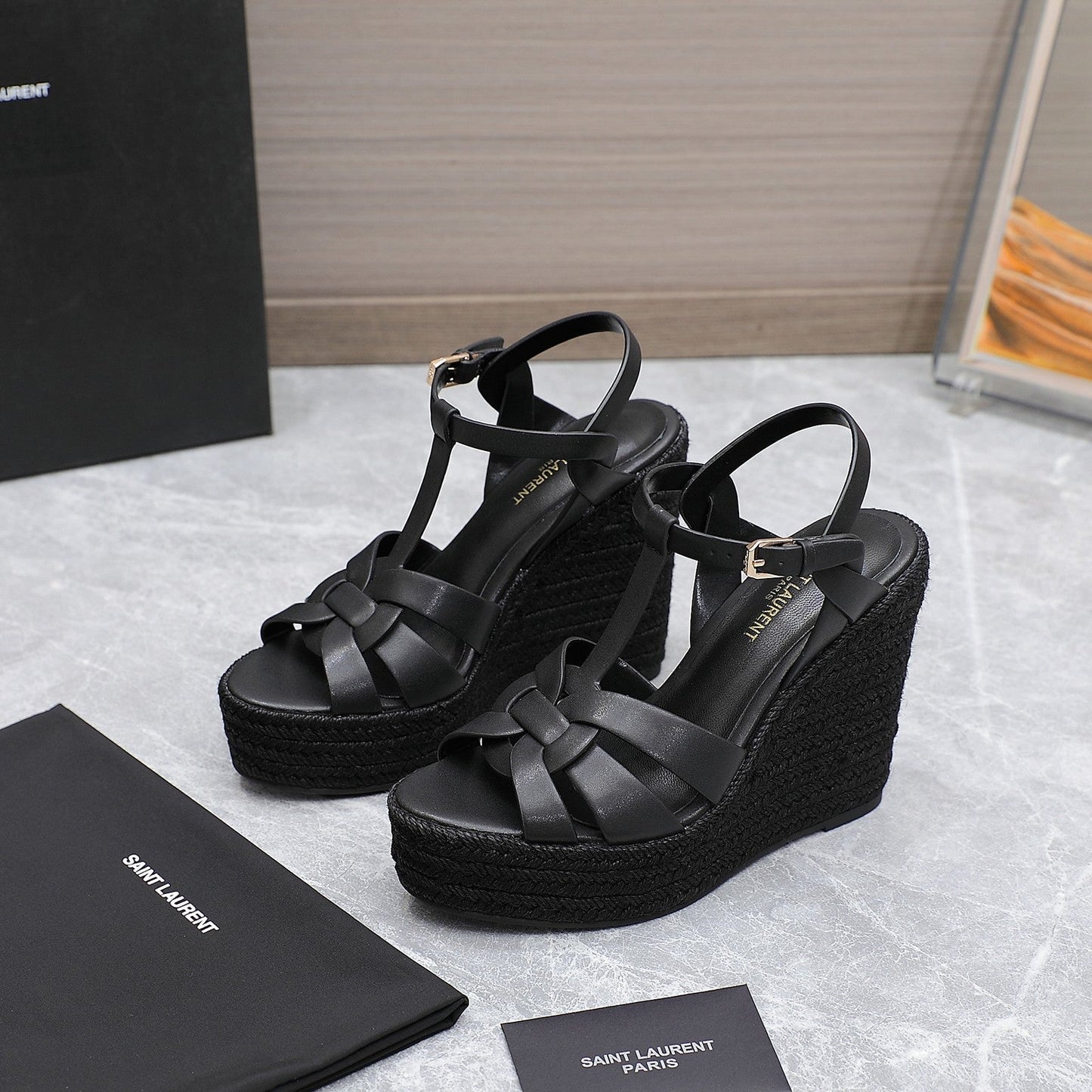 SL TRIBUTE WEDGE SANDALS BLACK CALFSKIN - 35