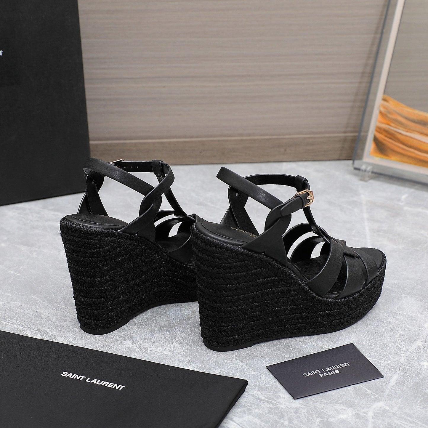 SL TRIBUTE WEDGE SANDALS BLACK CALFSKIN - 35