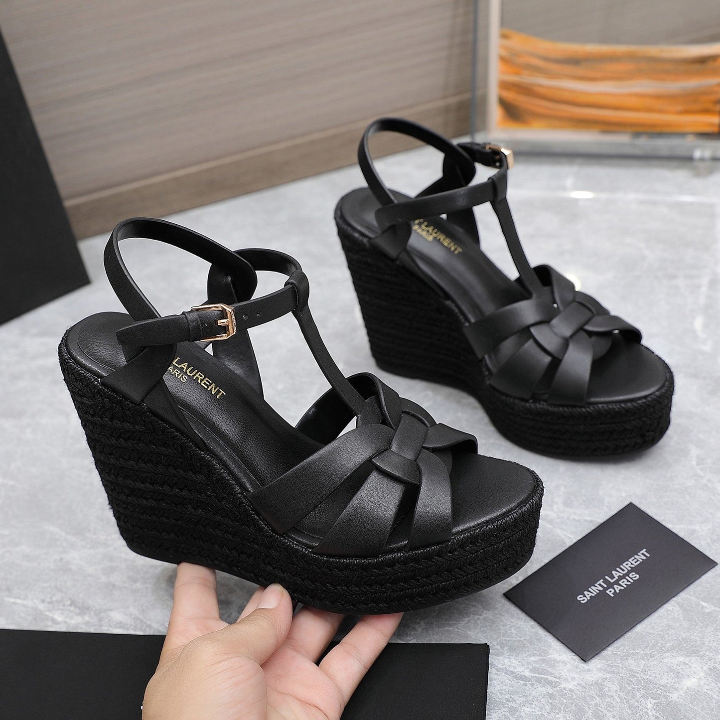 SL TRIBUTE WEDGE SANDALS BLACK CALFSKIN - 35