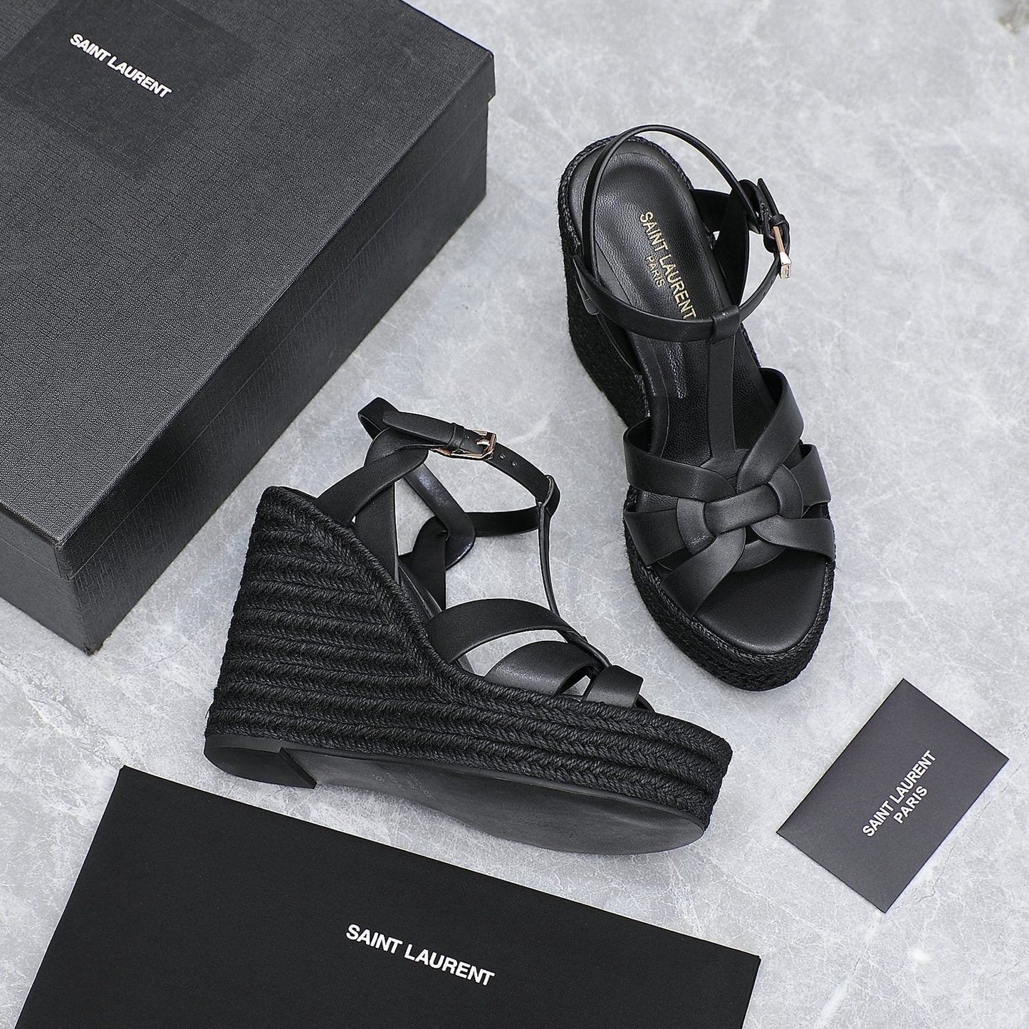 SL TRIBUTE WEDGE SANDALS BLACK CALFSKIN - 35