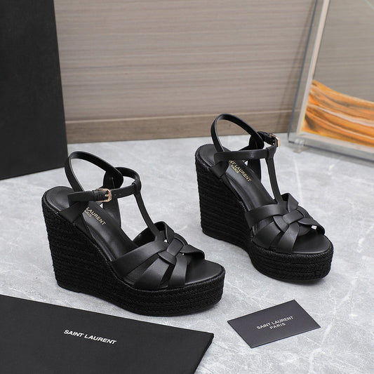 SL TRIBUTE WEDGE SANDALS BLACK CALFSKIN - 35