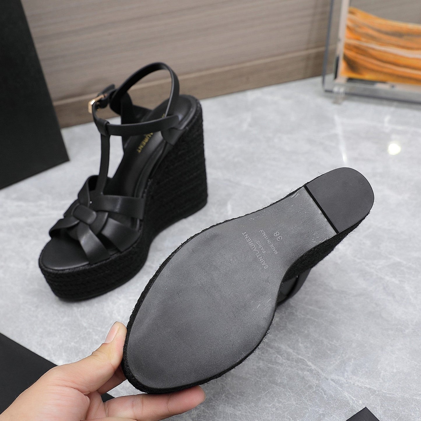 SL TRIBUTE WEDGE SANDALS BLACK CALFSKIN - 35