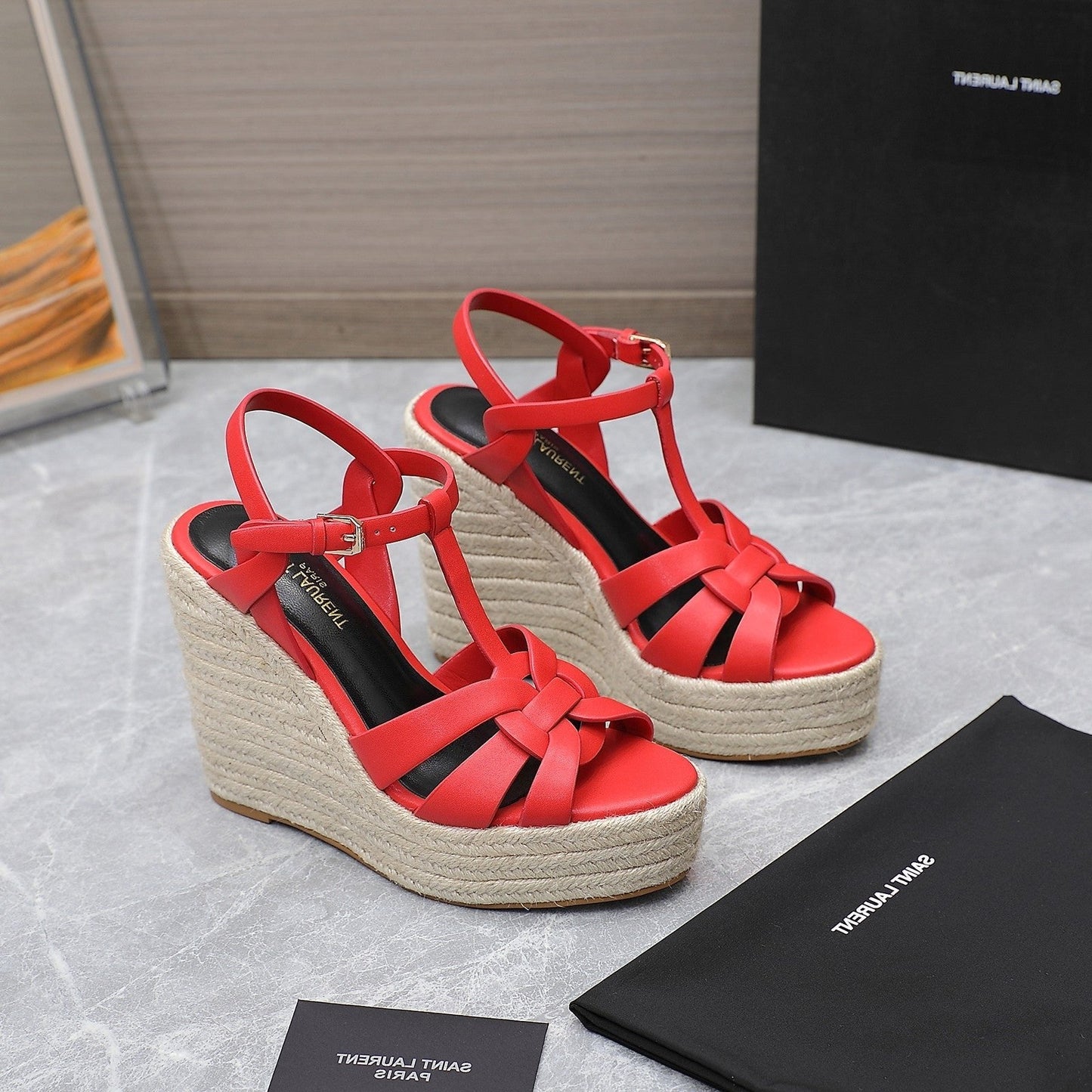 SL TRIBUTE WEDGE SANDALS CRIMSON CALFSKIN - 35