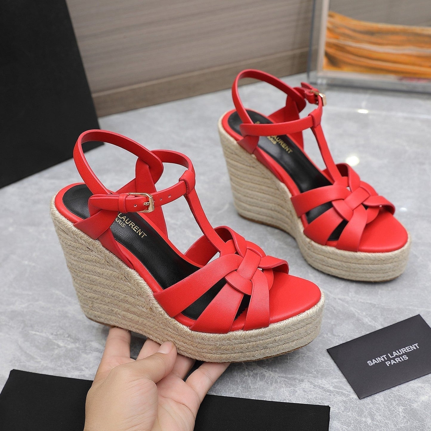 SL TRIBUTE WEDGE SANDALS CRIMSON CALFSKIN - 35