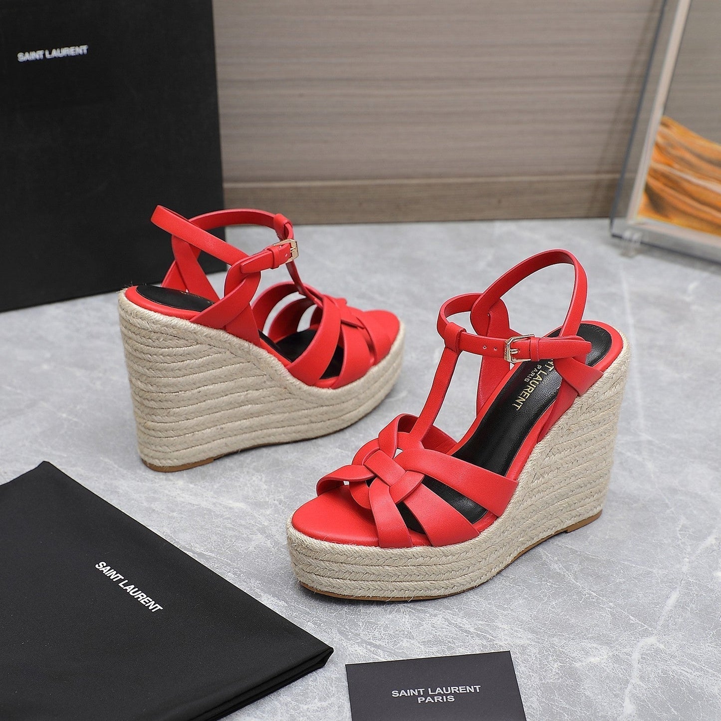 SL TRIBUTE WEDGE SANDALS CRIMSON CALFSKIN - 35