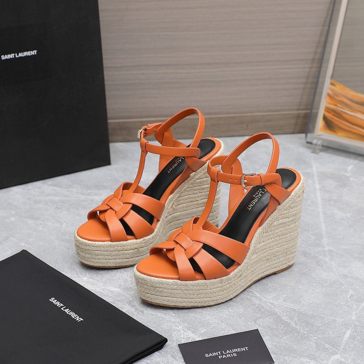 SL TRIBUTE WEDGE SANDALS ORANGE CALFSKIN - 35