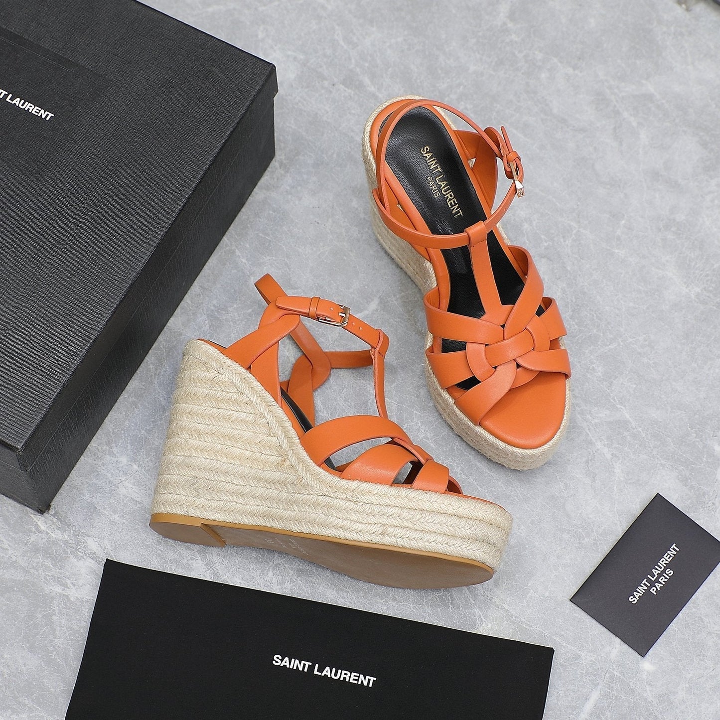 SL TRIBUTE WEDGE SANDALS ORANGE CALFSKIN - 35