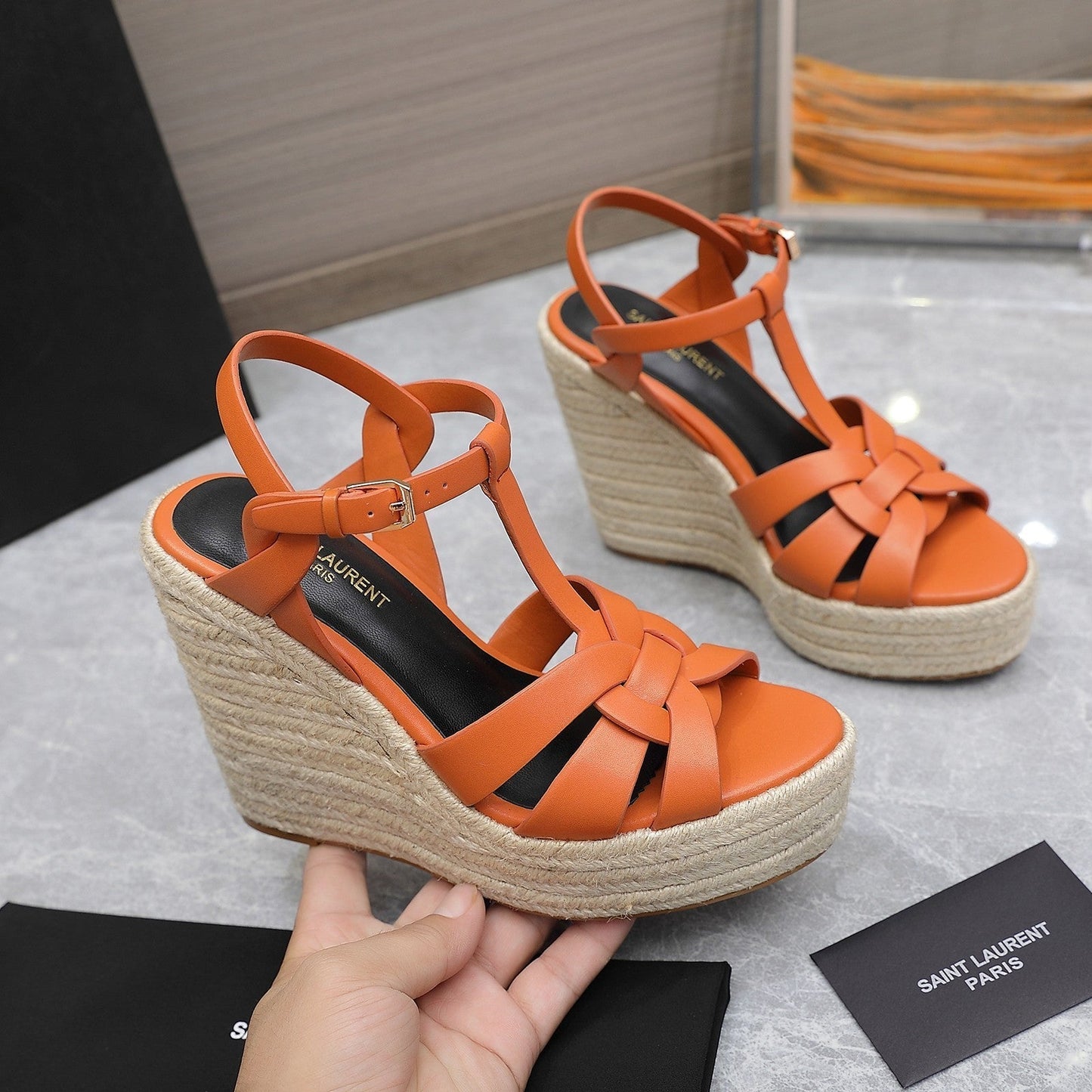 SL TRIBUTE WEDGE SANDALS ORANGE CALFSKIN - 35