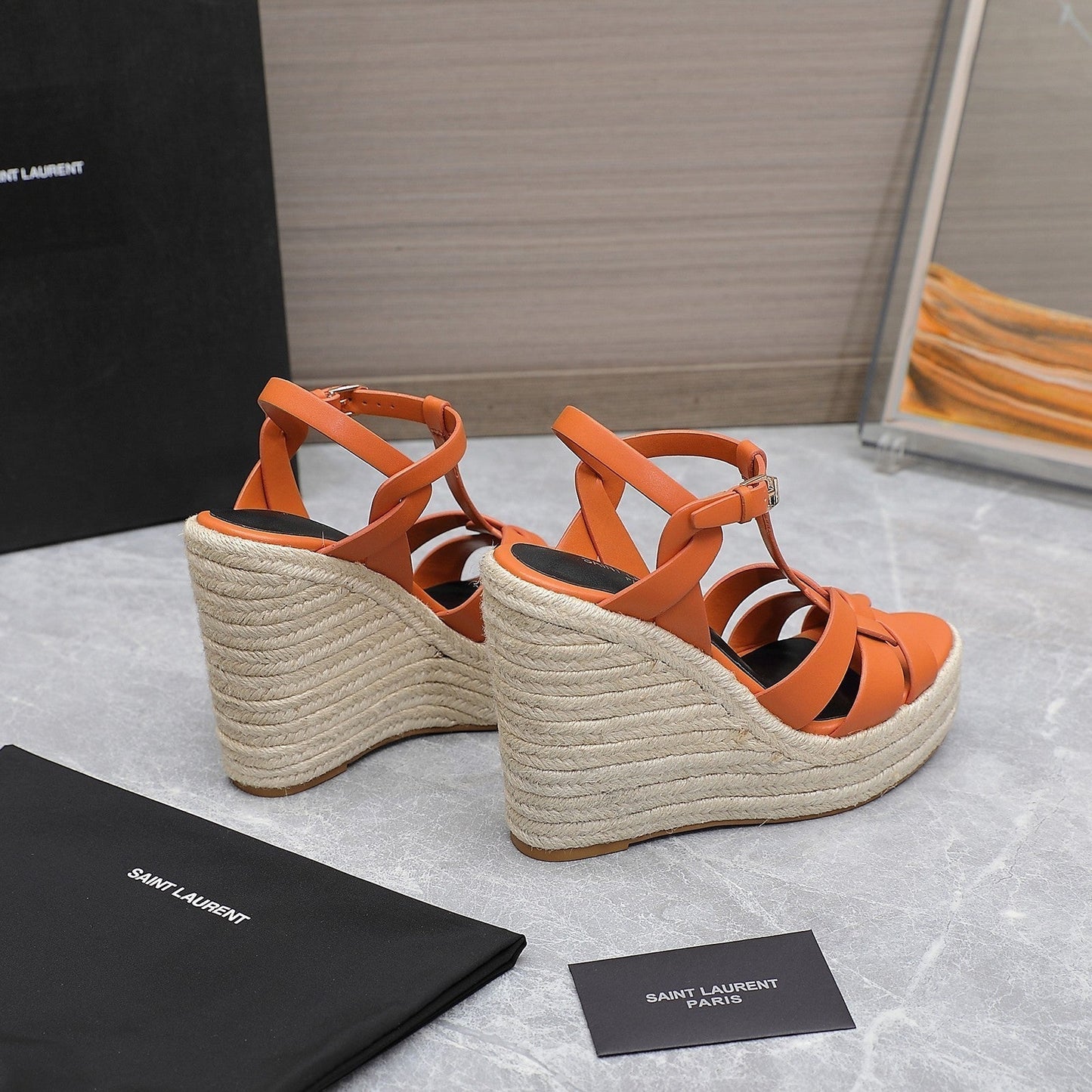 SL TRIBUTE WEDGE SANDALS ORANGE CALFSKIN - 35