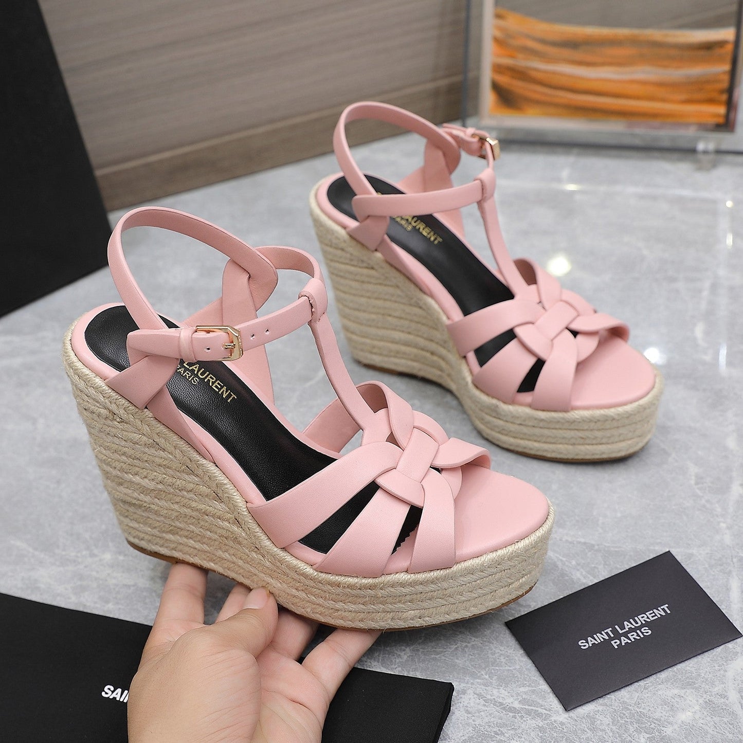 SL TRIBUTE WEDGE SANDALS PALE PINK CALFSKIN - 35