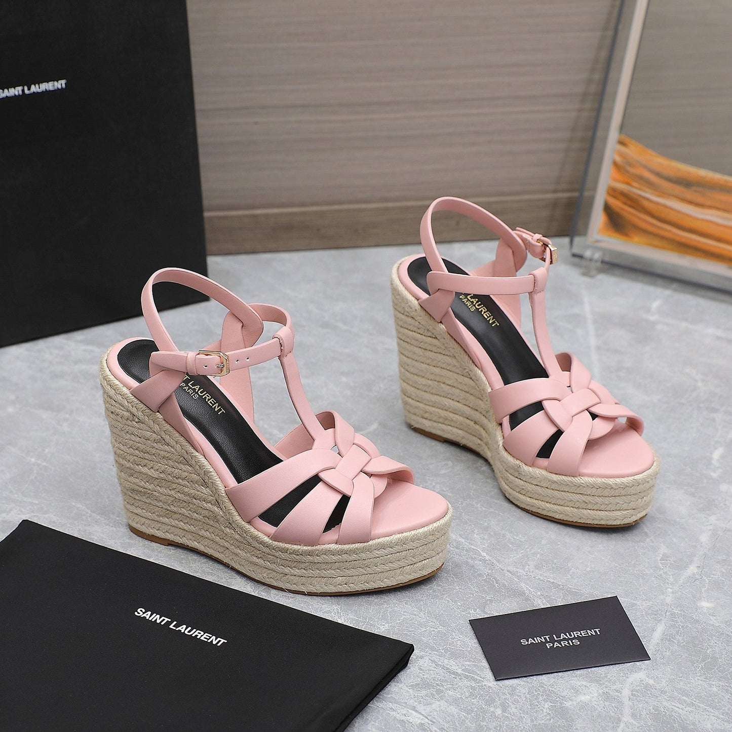 SL TRIBUTE WEDGE SANDALS PALE PINK CALFSKIN - 35