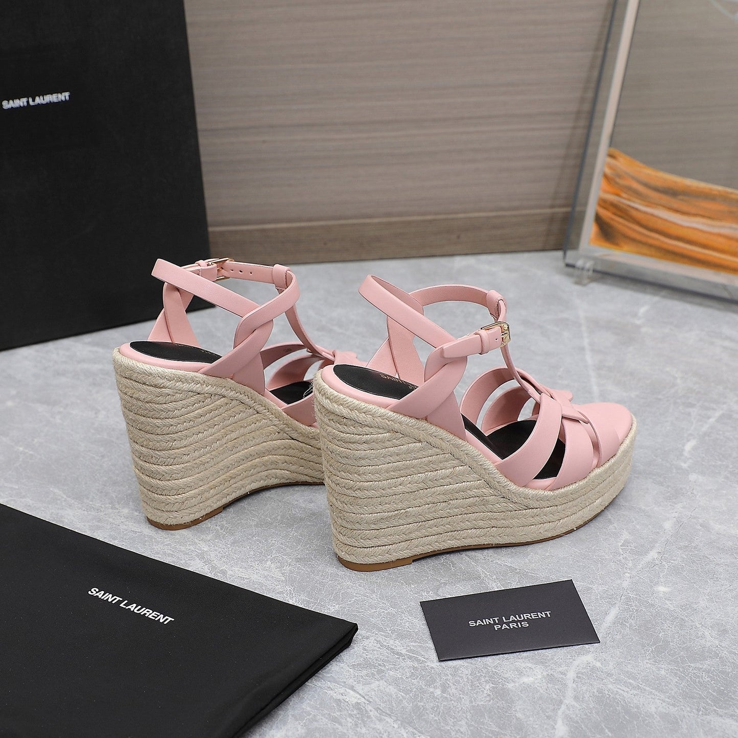 SL TRIBUTE WEDGE SANDALS PALE PINK CALFSKIN - 35