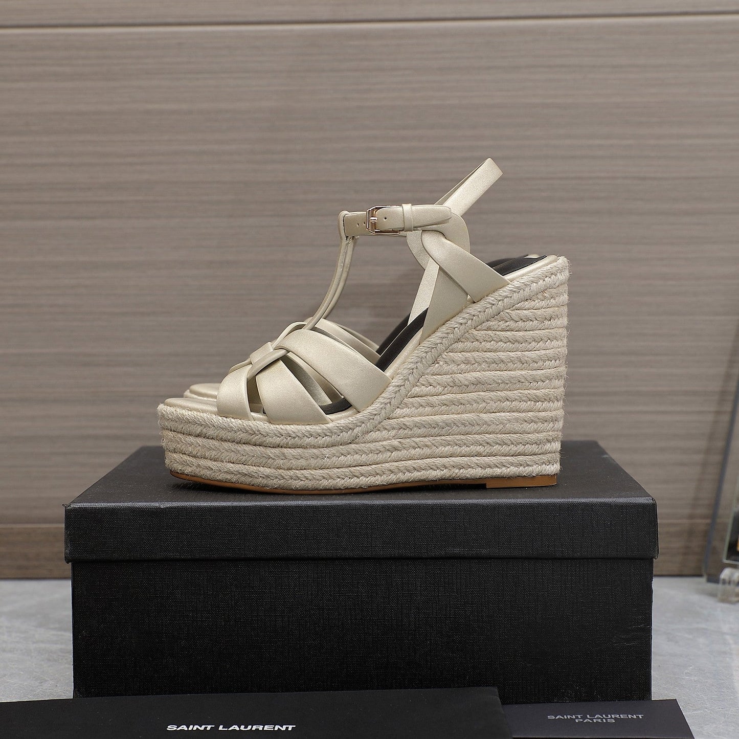SL TRIBUTE WEDGE SANDALS METALLIC BEIGE CALFSKIN - 35