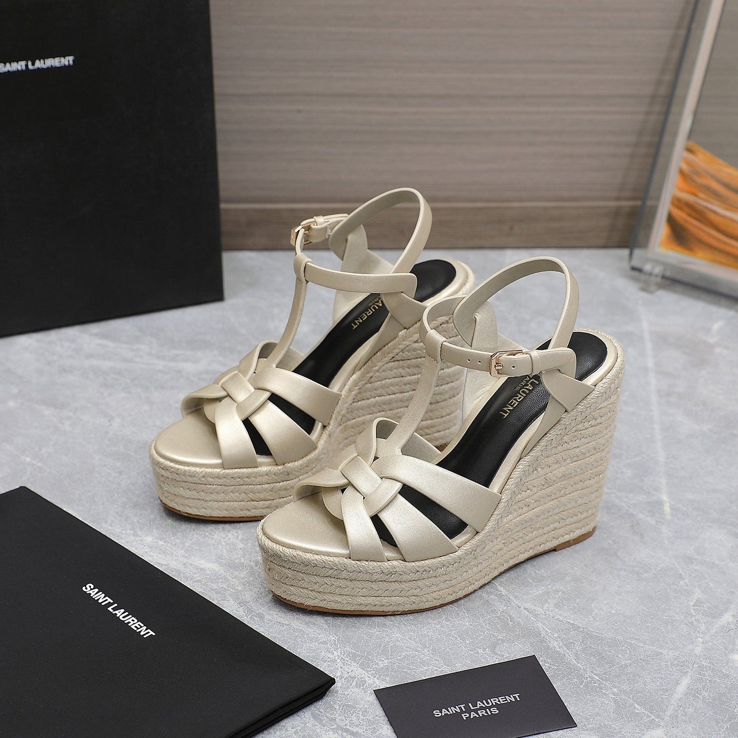 SL TRIBUTE WEDGE SANDALS METALLIC BEIGE CALFSKIN - 35