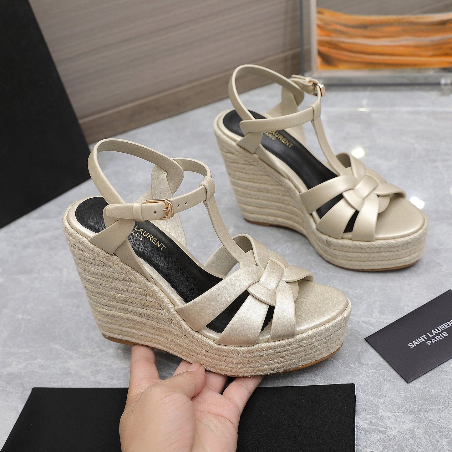 SL TRIBUTE WEDGE SANDALS METALLIC BEIGE CALFSKIN - 35