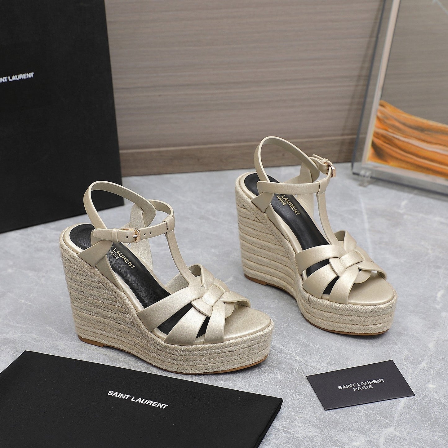 SL TRIBUTE WEDGE SANDALS METALLIC BEIGE CALFSKIN - 35