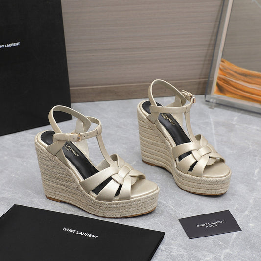 SL TRIBUTE WEDGE SANDALS METALLIC BEIGE CALFSKIN - 35
