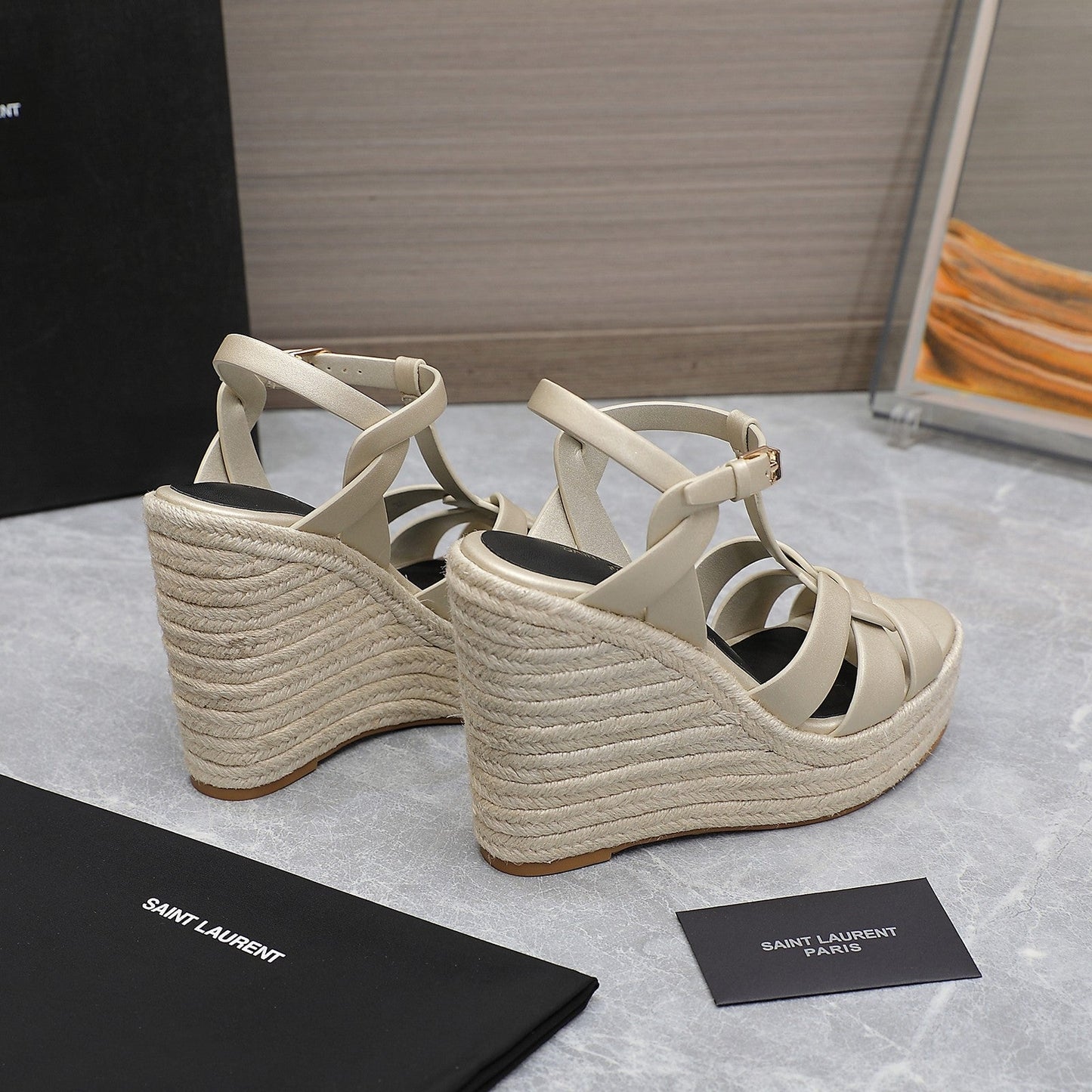 SL TRIBUTE WEDGE SANDALS METALLIC BEIGE CALFSKIN - 35