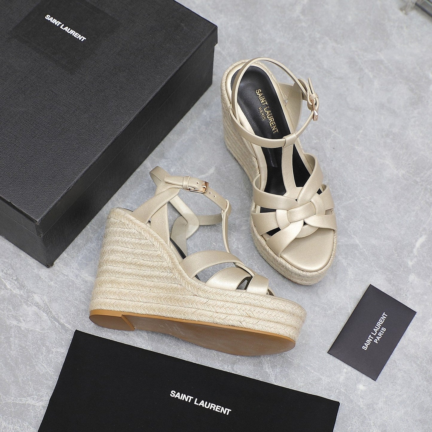 SL TRIBUTE WEDGE SANDALS METALLIC BEIGE CALFSKIN - 35