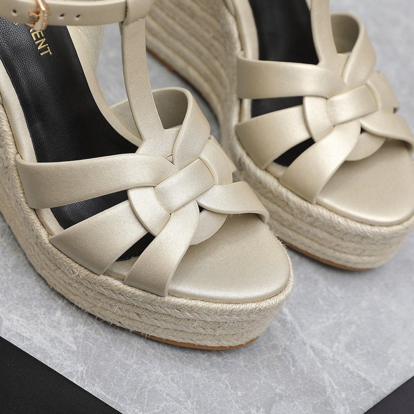SL TRIBUTE WEDGE SANDALS METALLIC BEIGE CALFSKIN - 35