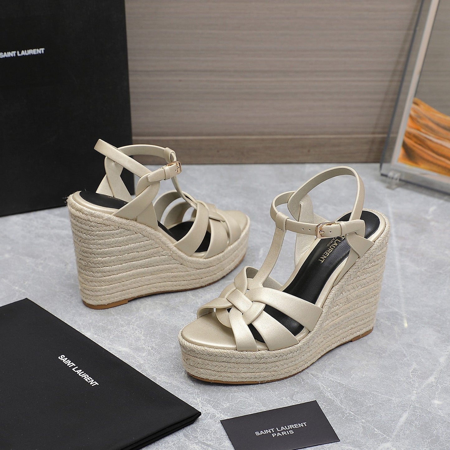 SL TRIBUTE WEDGE SANDALS METALLIC BEIGE CALFSKIN - 35