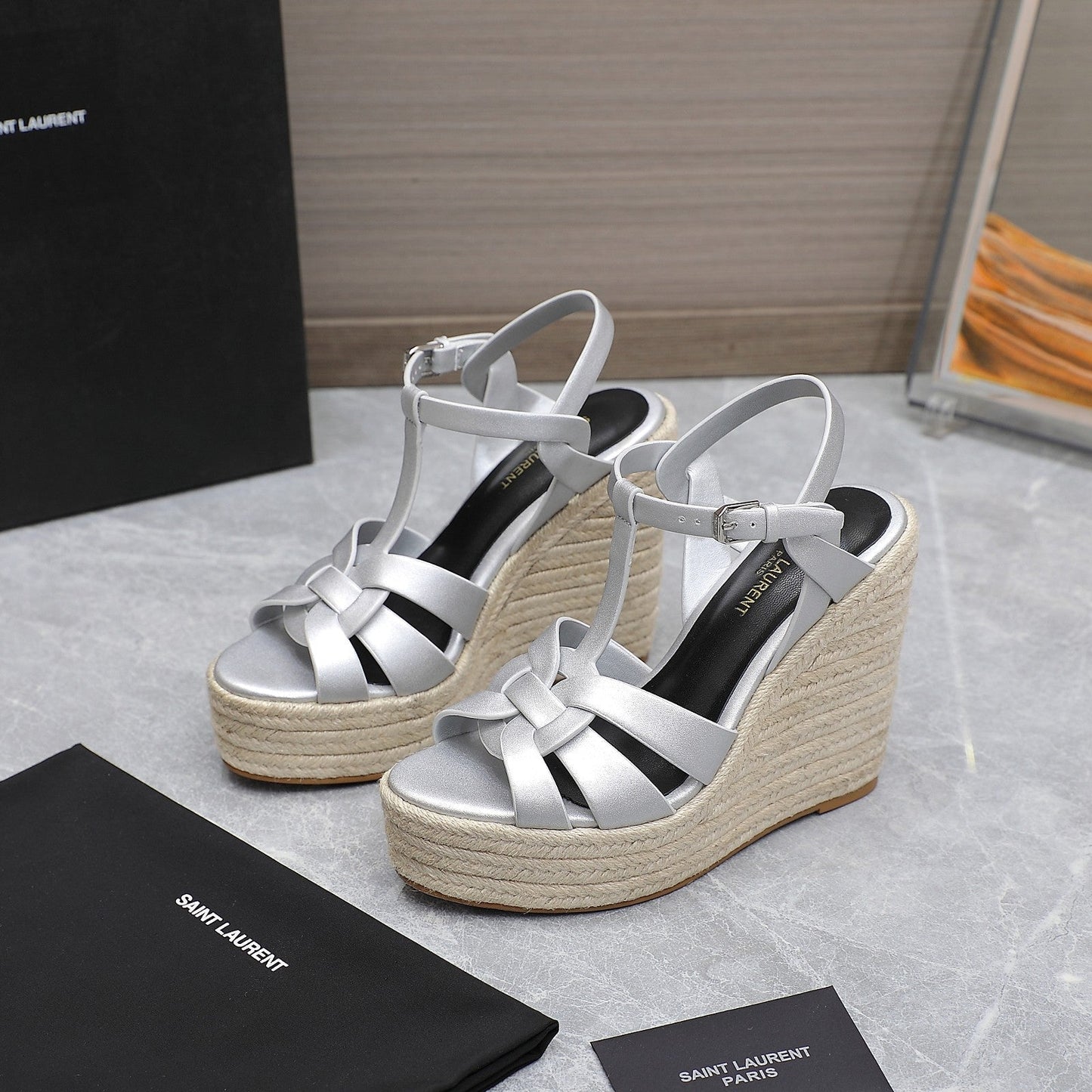 SL TRIBUTE WEDGE SANDALS SILVER CALFSKIN - 35
