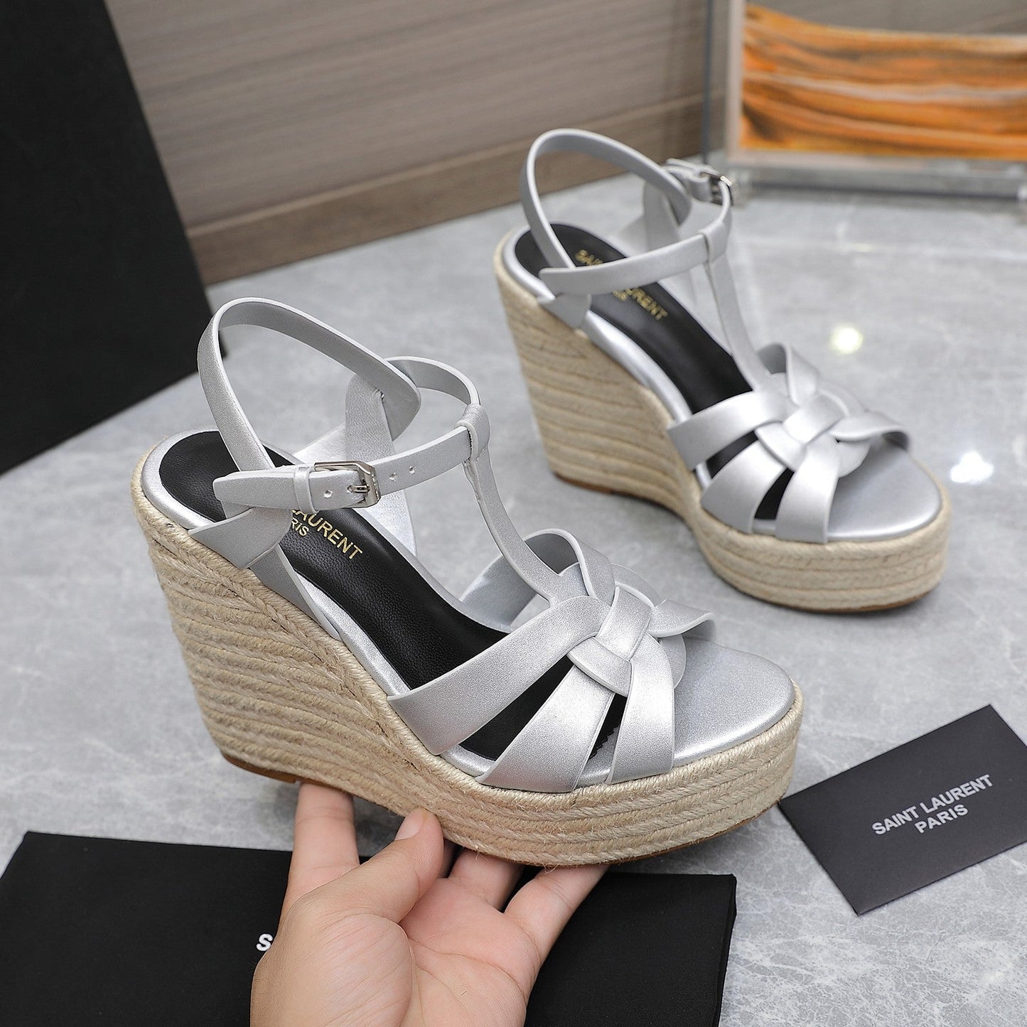SL TRIBUTE WEDGE SANDALS SILVER CALFSKIN - 35