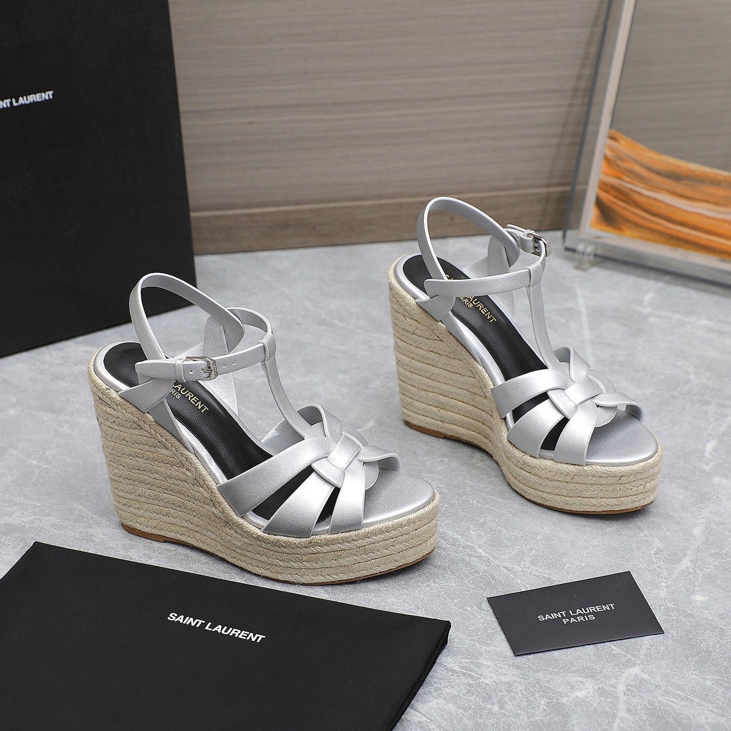 SL TRIBUTE WEDGE SANDALS SILVER CALFSKIN - 35