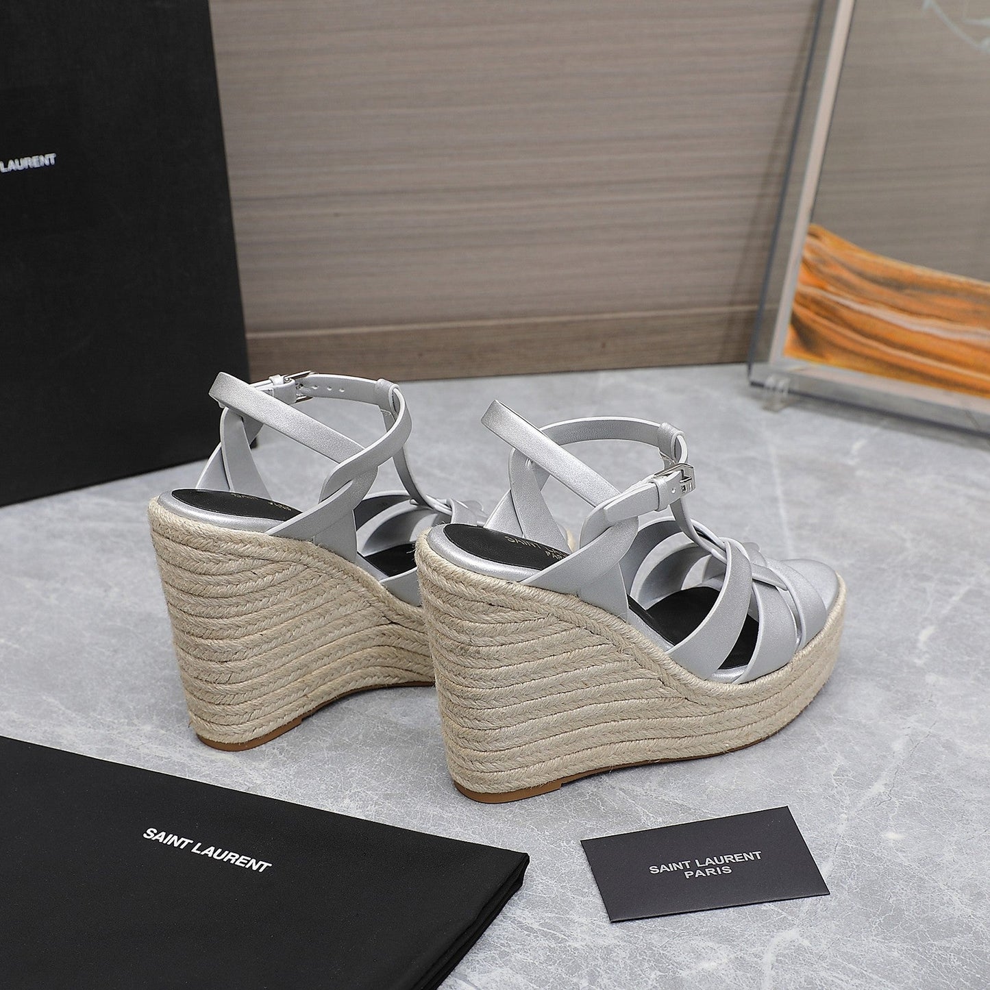 SL TRIBUTE WEDGE SANDALS SILVER CALFSKIN - 35