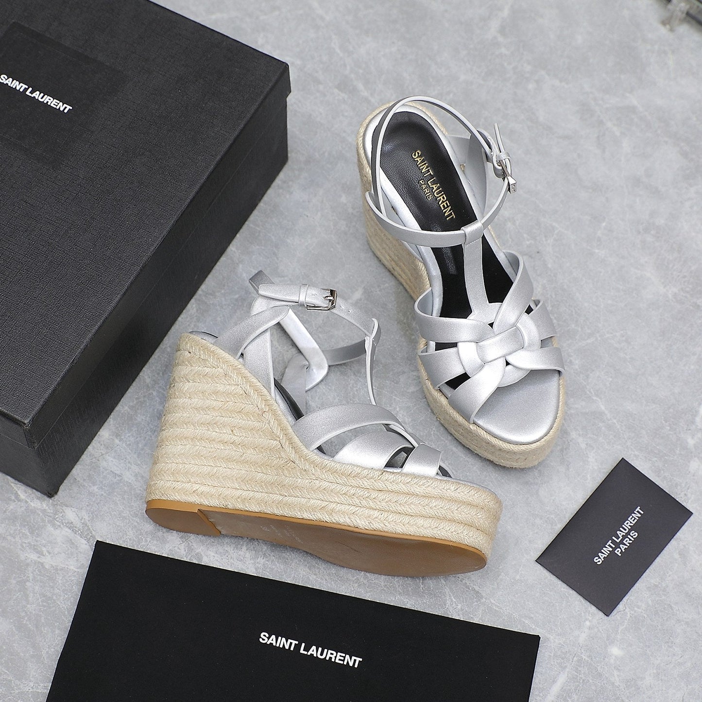 SL TRIBUTE WEDGE SANDALS SILVER CALFSKIN - 35