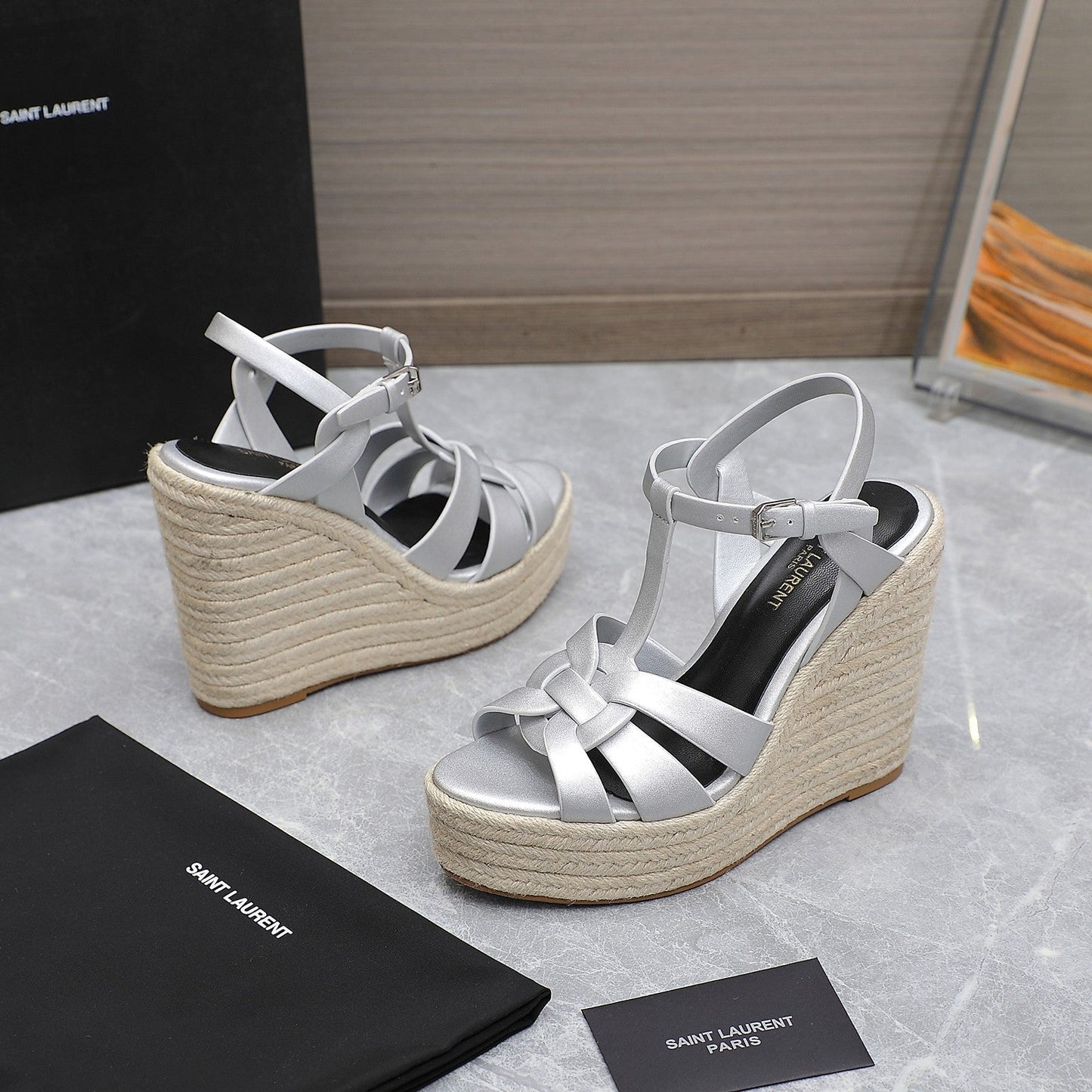 SL TRIBUTE WEDGE SANDALS SILVER CALFSKIN - 35