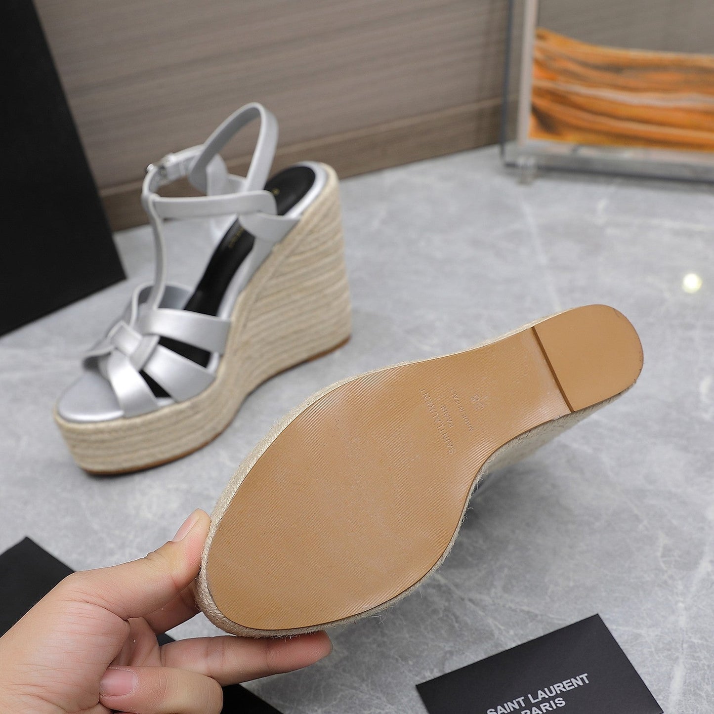 SL TRIBUTE WEDGE SANDALS SILVER CALFSKIN - 35