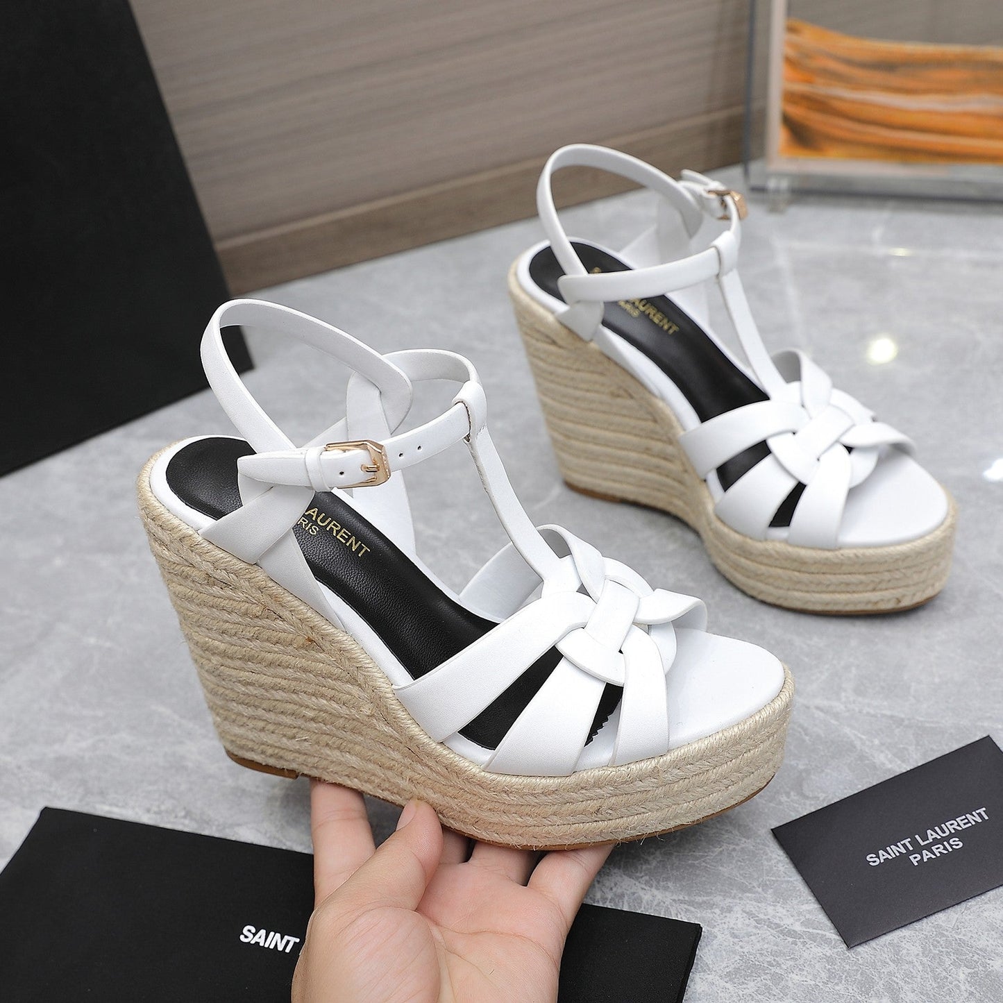 SL TRIBUTE WEDGE SANDALS WHITE CALFSKIN - 35