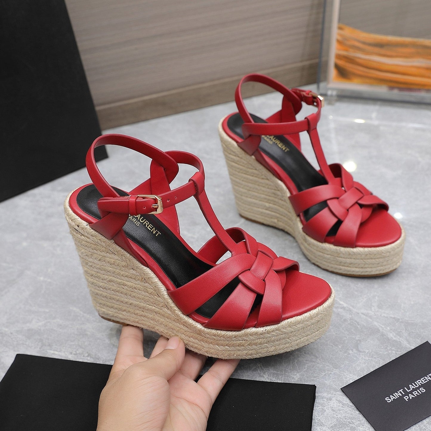 SL TRIBUTE WEDGE SANDALS RED CALFSKIN - 35