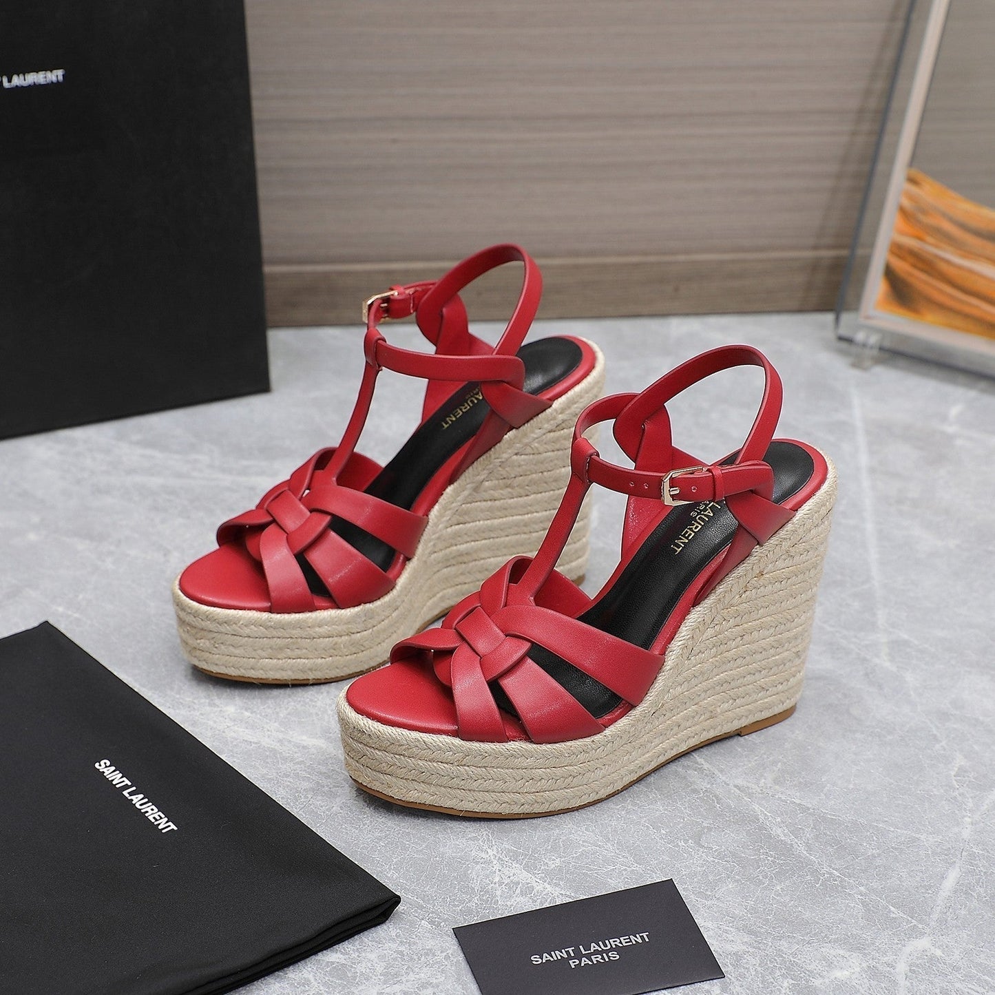 SL TRIBUTE WEDGE SANDALS RED CALFSKIN - 35