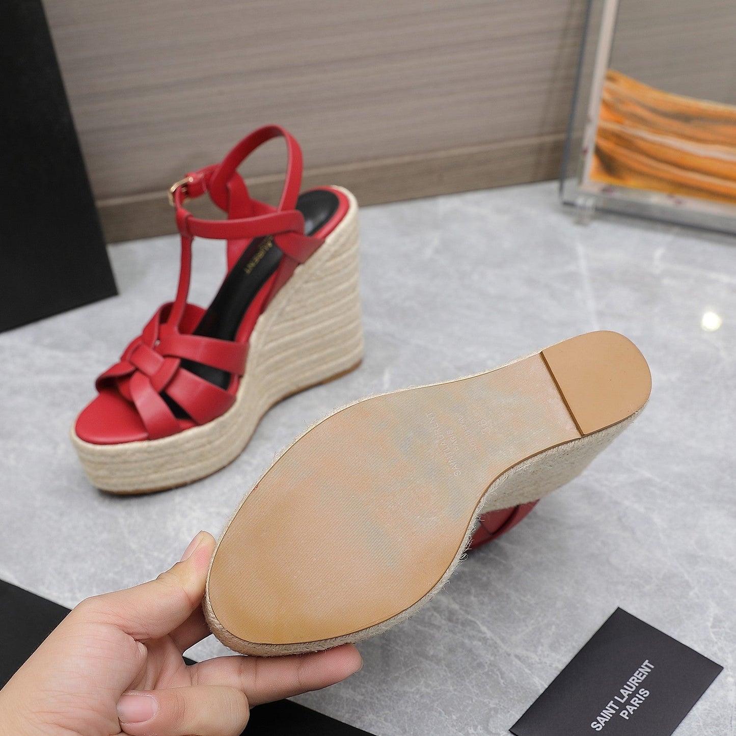SL TRIBUTE WEDGE SANDALS RED CALFSKIN - 35